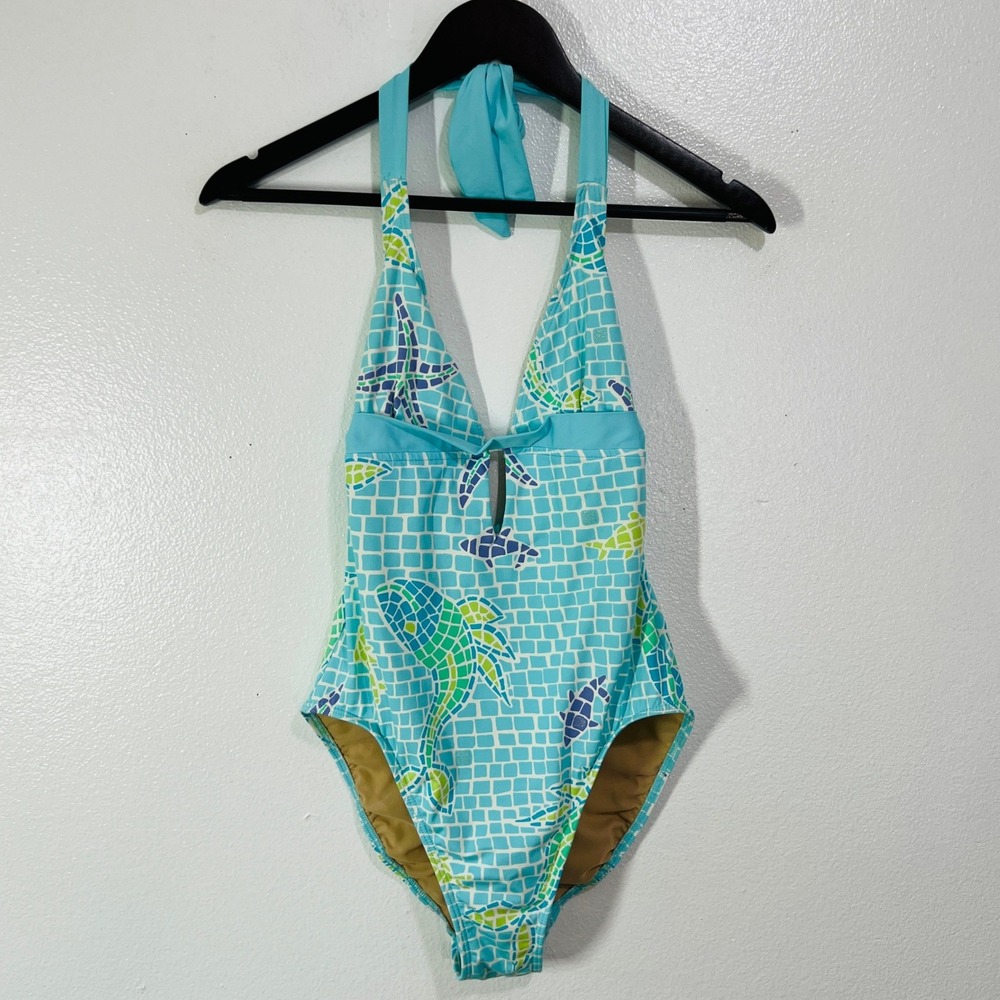 Vtg. Lilly Pulitzer Mosaic Fish Starfish Halter One Piece Swimsuit White Label 6